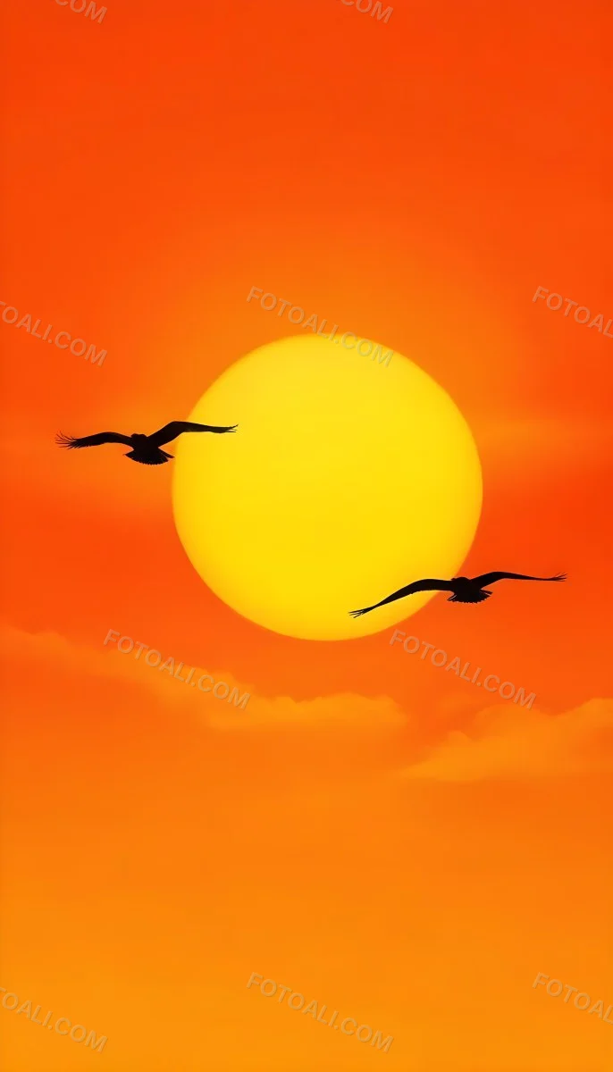 Two Birds Flying Against A Large Bright Yellow Sun Set Against An Orange Sky The Background Features Soft Blended Clouds In Shades Of Orange And Yellow 4 4588