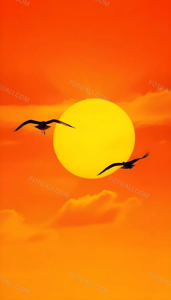 Two Birds Flying Against A Large Bright Yellow Sun Set Against An Orange Sky The Background Features Soft Blended Clouds In Shades Of Orange And Yellow 46 4f08