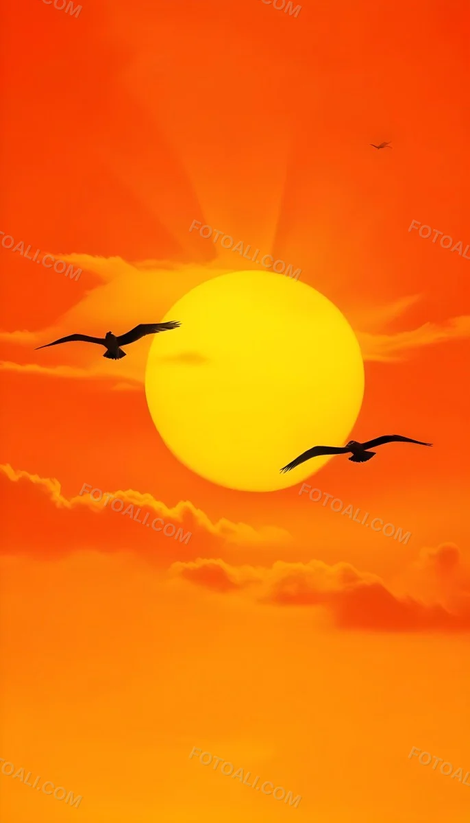 Two Birds Flying Against A Large Bright Yellow Sun Set Against An Orange Sky The Background Features Soft Blended Clouds In Shades Of Orange And Yellow 47 C74a