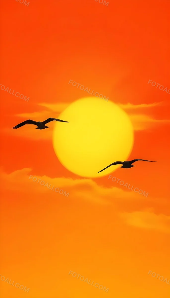 Two Birds Flying Against A Large Bright Yellow Sun Set Against An Orange Sky The Background Features Soft Blended Clouds In Shades Of Orange And Yellow 7 Fbcb