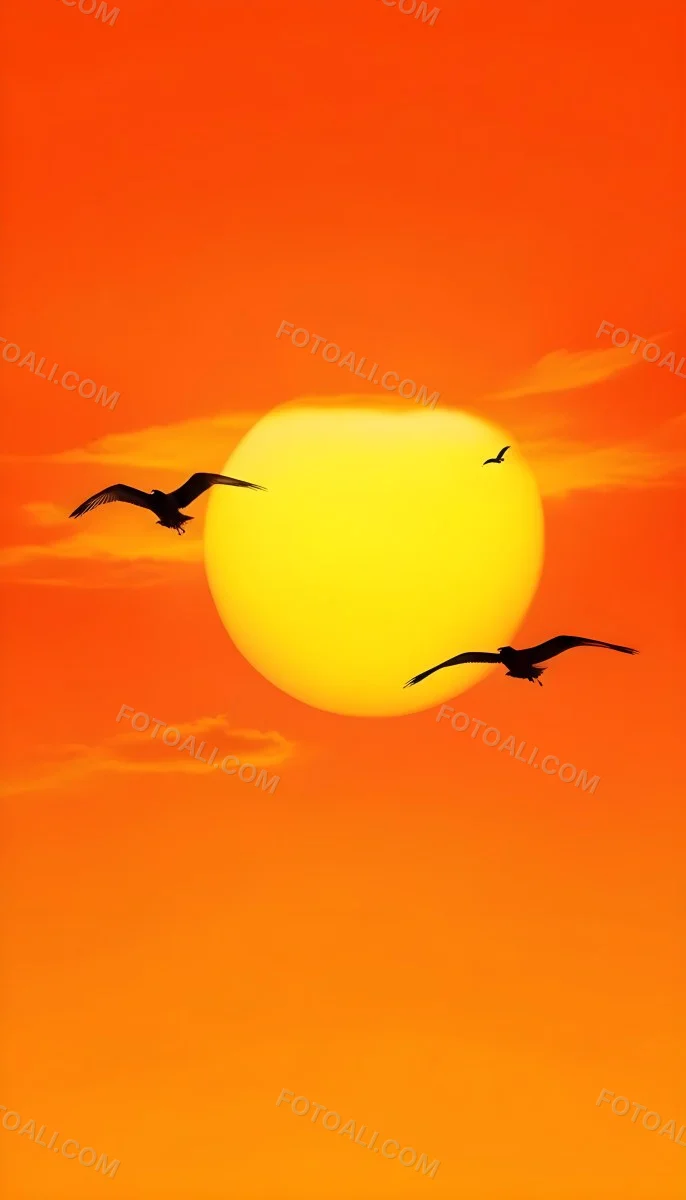 Two Birds Flying Against A Large Bright Yellow Sun Set Against An Orange Sky The Background Features Soft Blended Clouds In Shades Of Orange And Yellow 8 668d