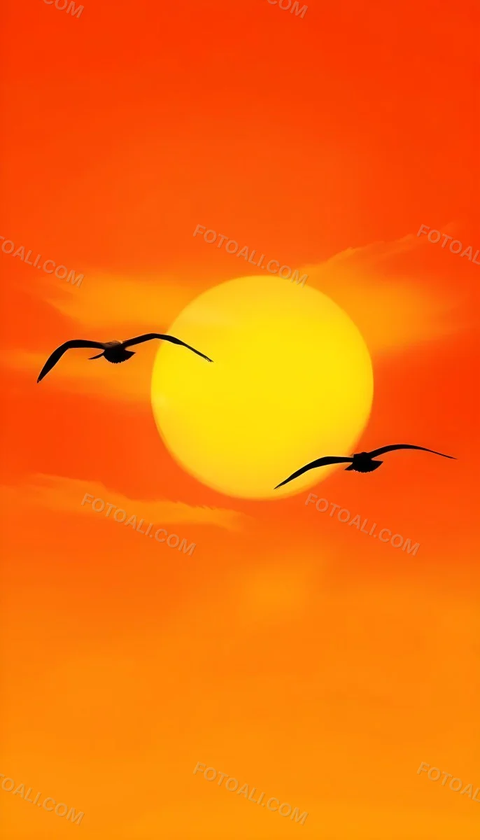 Two Birds Flying Against A Large Bright Yellow Sun Set Against An Orange Sky The Background Features Soft Blended Clouds In Shades Of Orange And Yellow 9 B890