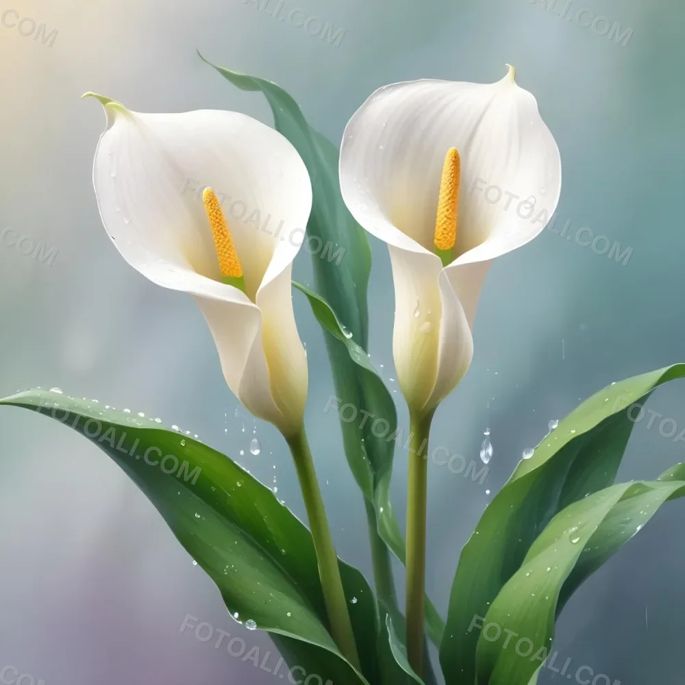 Two Calla Lilies With Water Droplets On The Leaves Pastel Colors Soft Lighting Smooth Gradients Elegant Composition Clean Lines Minimalist Style Against A Blurred Background 11 F48e