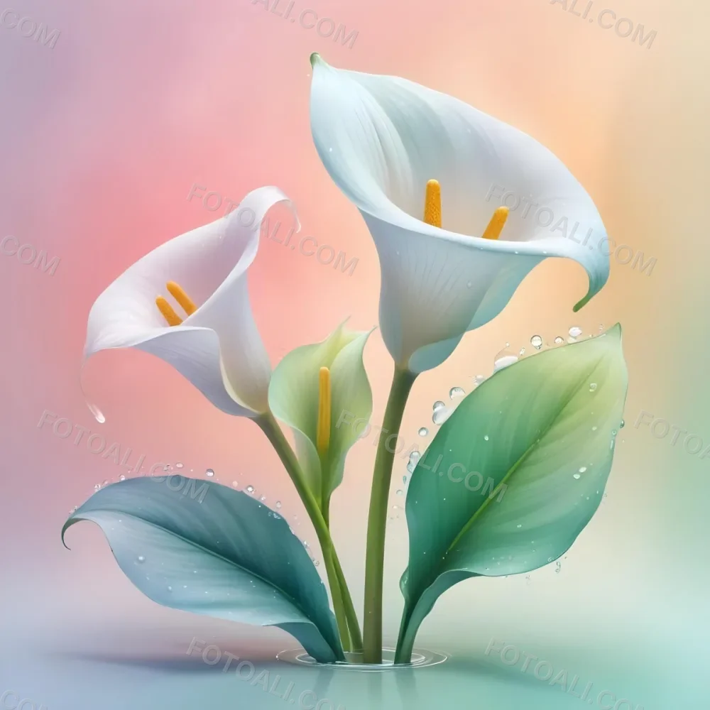 Two Calla Lilies With Water Droplets On The Leaves Pastel Colors Soft Lighting Smooth Gradients Elegant Composition Clean Lines Minimalist Style Against A Blurred Background 12 1e68