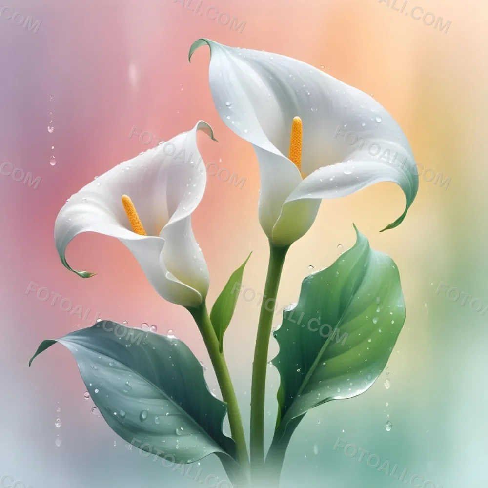 Two Calla Lilies With Water Droplets On The Leaves Pastel Colors Soft Lighting Smooth Gradients Elegant Composition Clean Lines Minimalist Style Against A Blurred Background 18 7187