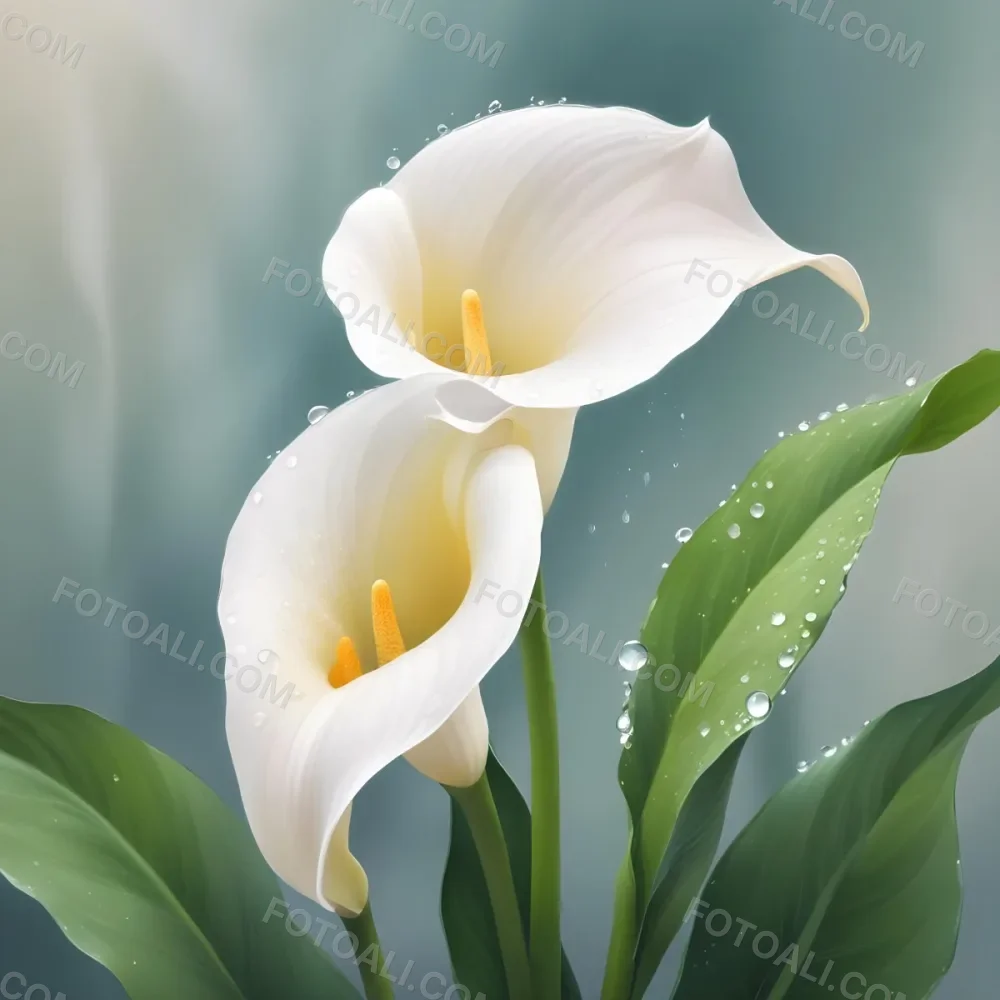 Two Calla Lilies With Water Droplets On The Leaves Pastel Colors Soft Lighting Smooth Gradients Elegant Composition Clean Lines Minimalist Style Against A Blurred Background 21 9f07