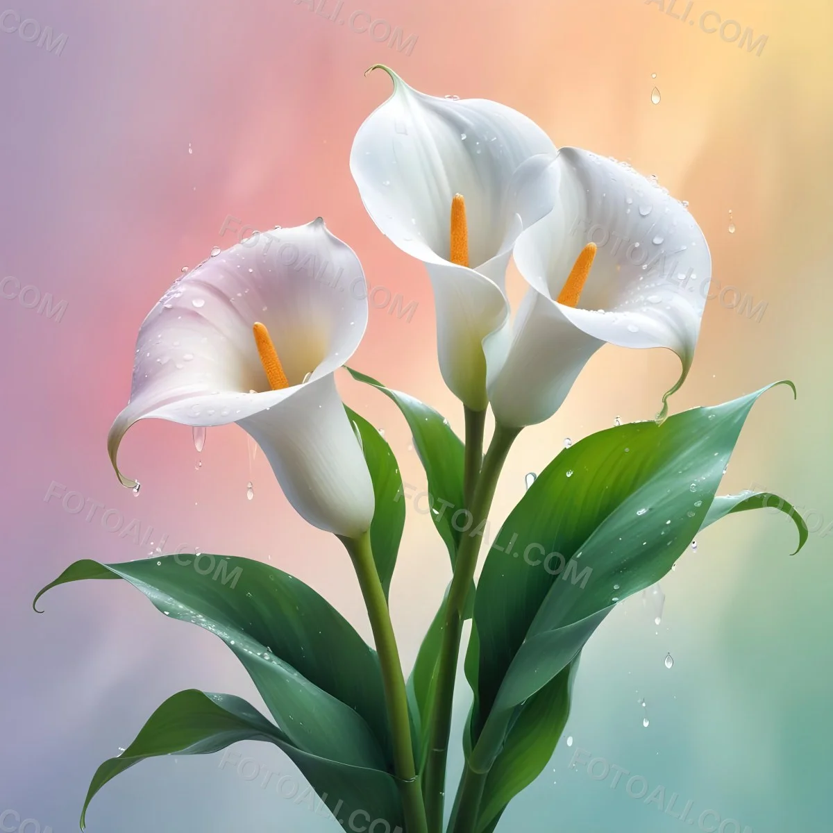 Two Calla Lilies With Water Droplets On The Leaves Pastel Colors Soft Lighting Smooth Gradients Elegant Composition Clean Lines Minimalist Style Against A Blurred Background 22 77ed