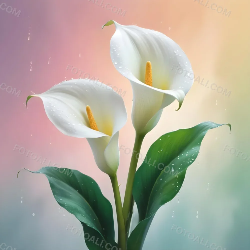 Two Calla Lilies With Water Droplets On The Leaves Pastel Colors Soft Lighting Smooth Gradients Elegant Composition Clean Lines Minimalist Style Against A Blurred Background 26 8a95