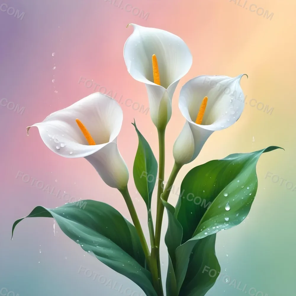 Two Calla Lilies With Water Droplets On The Leaves Pastel Colors Soft Lighting Smooth Gradients Elegant Composition Clean Lines Minimalist Style Against A Blurred Background 27 2b17