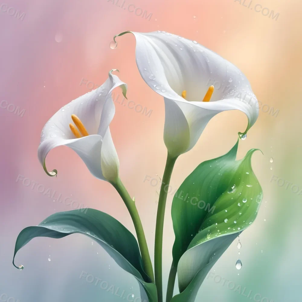 Two Calla Lilies With Water Droplets On The Leaves Pastel Colors Soft Lighting Smooth Gradients Elegant Composition Clean Lines Minimalist Style Against A Blurred Background 28 0552