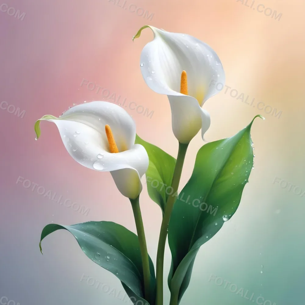 Two Calla Lilies With Water Droplets On The Leaves Pastel Colors Soft Lighting Smooth Gradients Elegant Composition Clean Lines Minimalist Style Against A Blurred Background 31 Eb36
