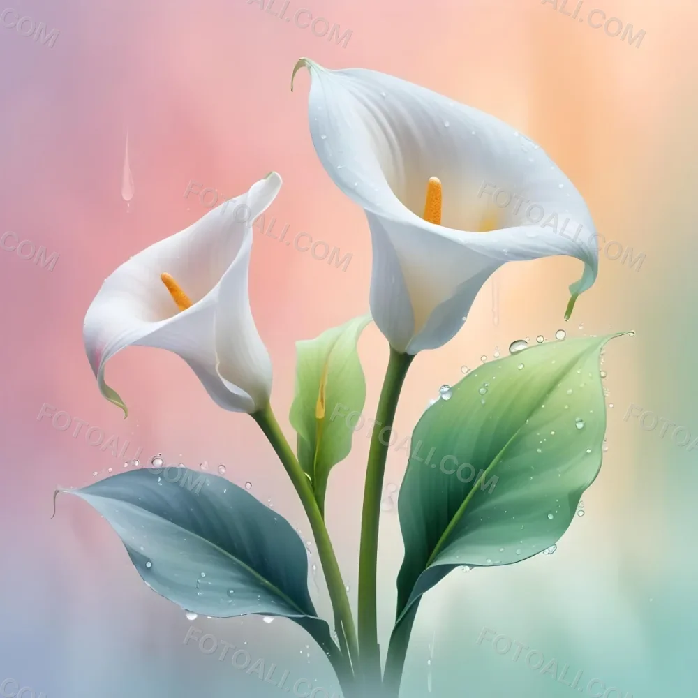 Two Calla Lilies With Water Droplets On The Leaves Pastel Colors Soft Lighting Smooth Gradients Elegant Composition Clean Lines Minimalist Style Against A Blurred Background 37 F2a1