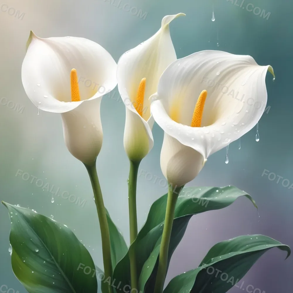 Two Calla Lilies With Water Droplets On The Leaves Pastel Colors Soft Lighting Smooth Gradients Elegant Composition Clean Lines Minimalist Style Against A Blurred Background 38 37d4