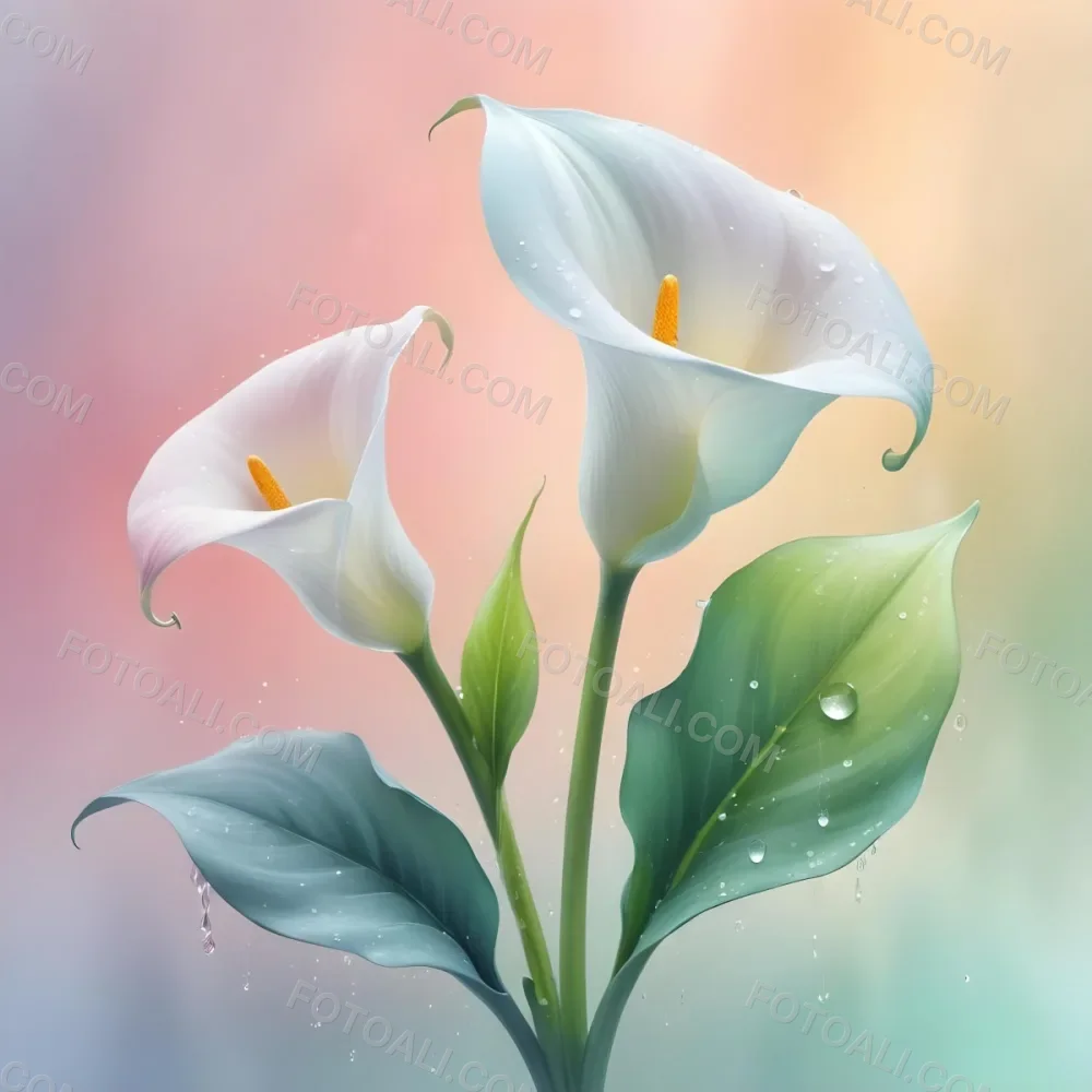 Two Calla Lilies With Water Droplets On The Leaves Pastel Colors Soft Lighting Smooth Gradients Elegant Composition Clean Lines Minimalist Style Against A Blurred Background 6 D6e2