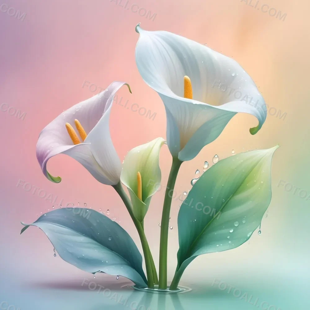 Two Calla Lilies With Water Droplets On The Leaves Pastel Colors Soft Lighting Smooth Gradients Elegant Composition Clean Lines Minimalist Style Against A Blurred Background 8 F18c