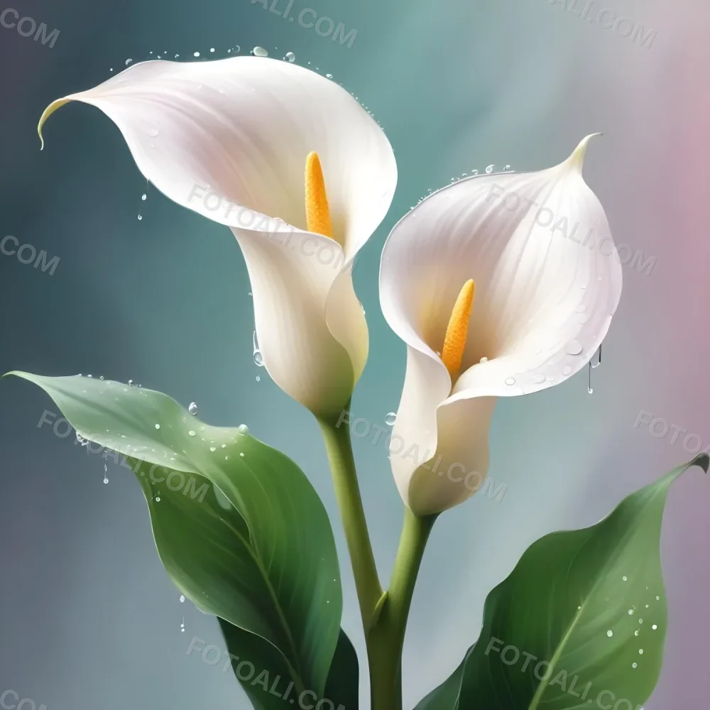Two Calla Lilies With Water Droplets On The Leaves Pastel Colors Soft Lighting Smooth Gradients Elegant Composition Clean Lines Minimalist Style Against A Blurred Background 9 A2dc