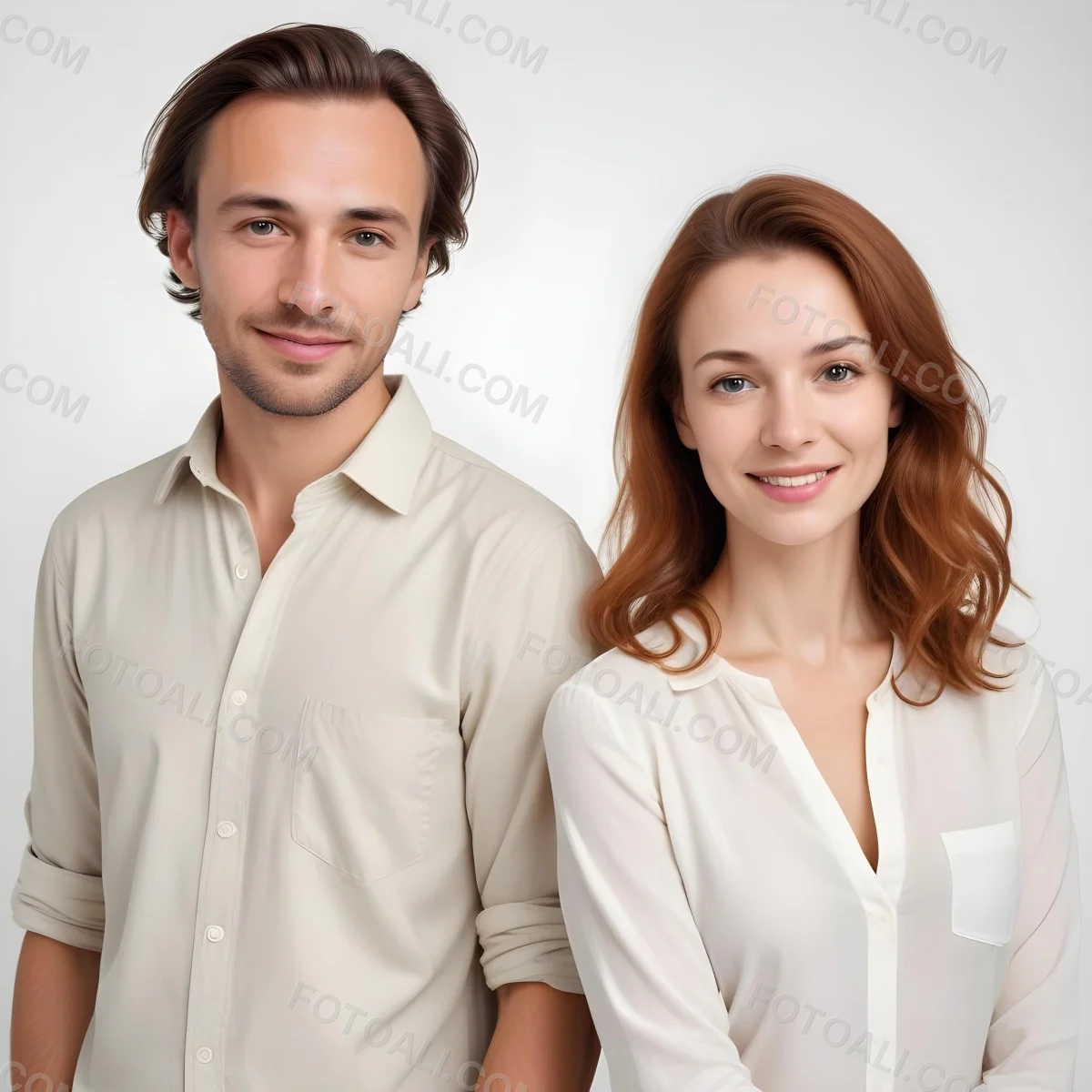Two Caucasian People Average Age 30 White Background 6 E5b9