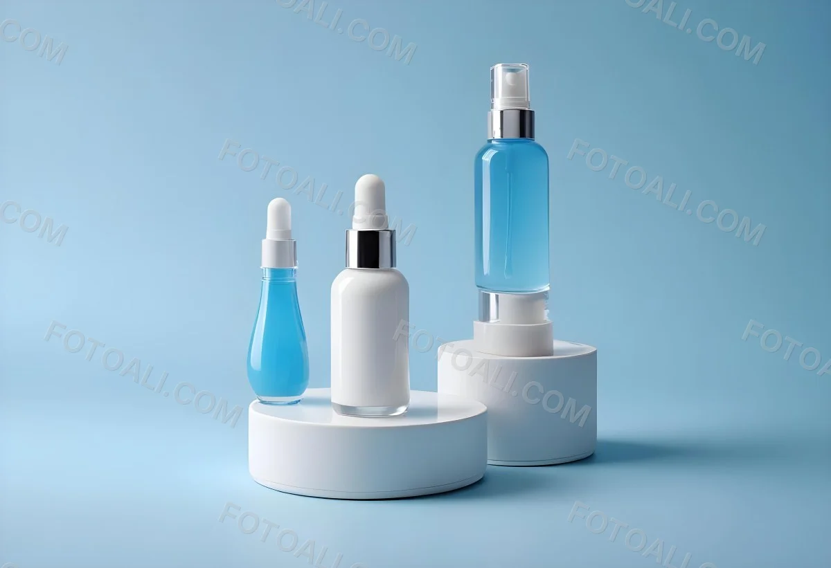 Two Cosmetic Bottles With Droppers One With A Blue Liquid And The Other Transparent On Top Of White Platforms With A Light Blue Background 1 8834