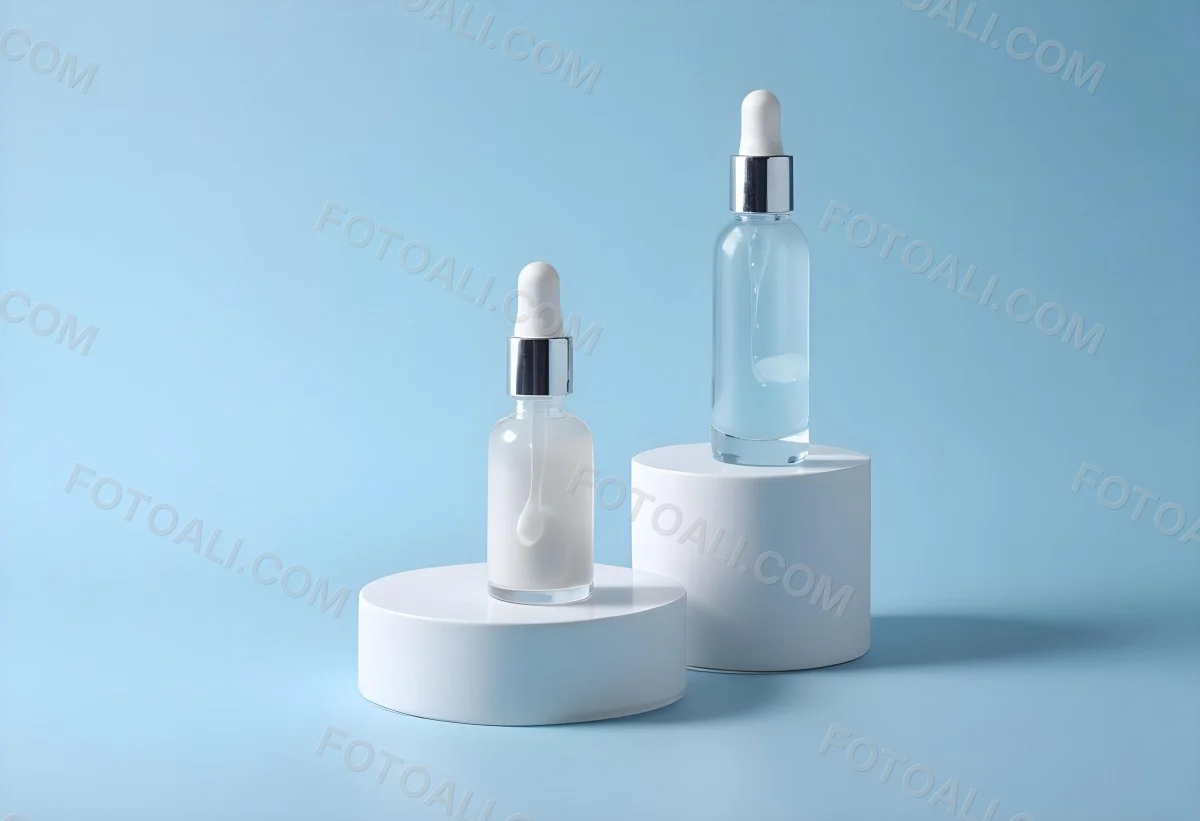 Two Cosmetic Bottles With Droppers One With A Blue Liquid And The Other Transparent On Top Of White Platforms With A Light Blue Background 13 Fcd2
