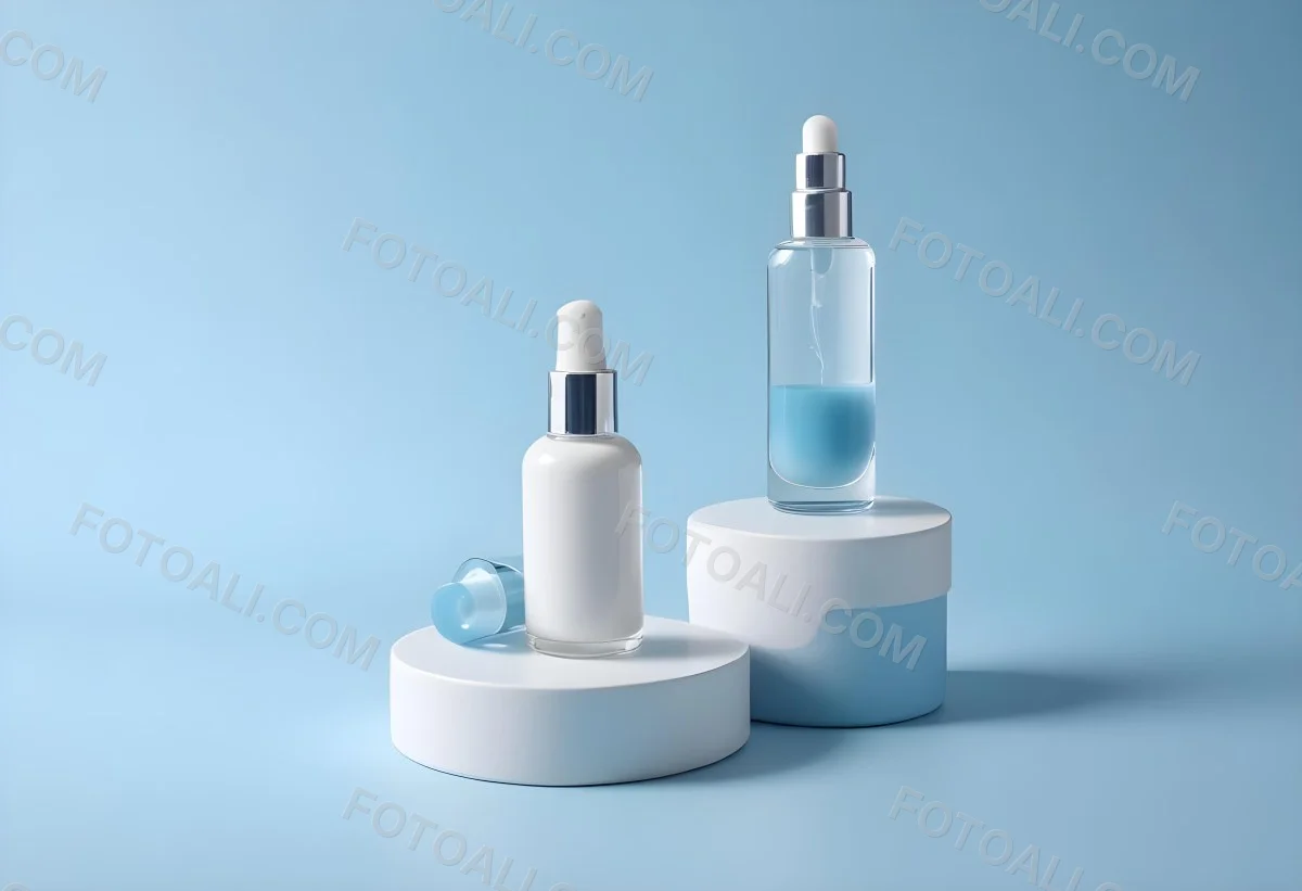 Two Cosmetic Bottles With Droppers One With A Blue Liquid And The Other Transparent On Top Of White Platforms With A Light Blue Background 22 D492