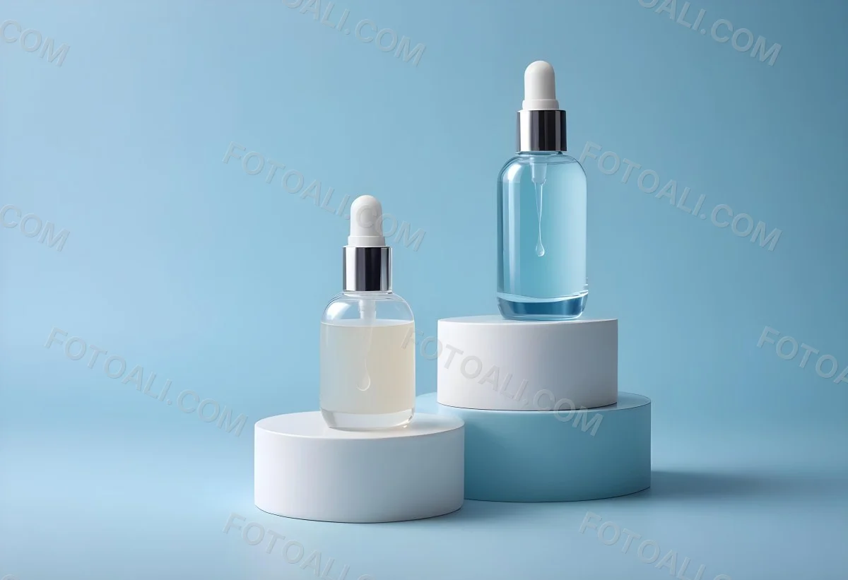 Two Cosmetic Bottles With Droppers One With A Blue Liquid And The Other Transparent On Top Of White Platforms With A Light Blue Background 28 8ce5