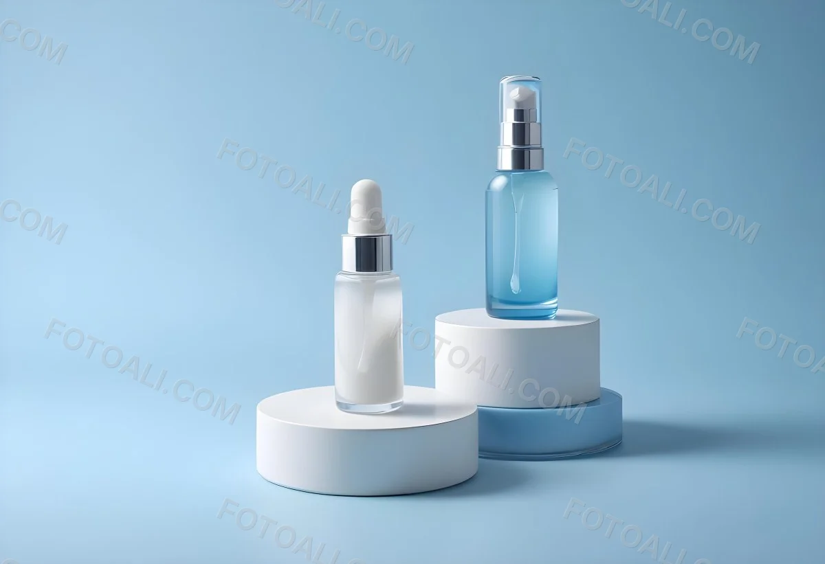 Two Cosmetic Bottles With Droppers One With A Blue Liquid And The Other Transparent On Top Of White Platforms With A Light Blue Background 31 E421
