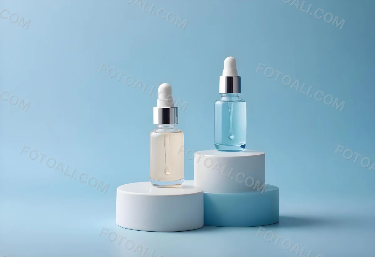 Two Cosmetic Bottles With Droppers One With A Blue Liquid And The Other Transparent On Top Of White Platforms With A Light Blue Background 37 Aa72