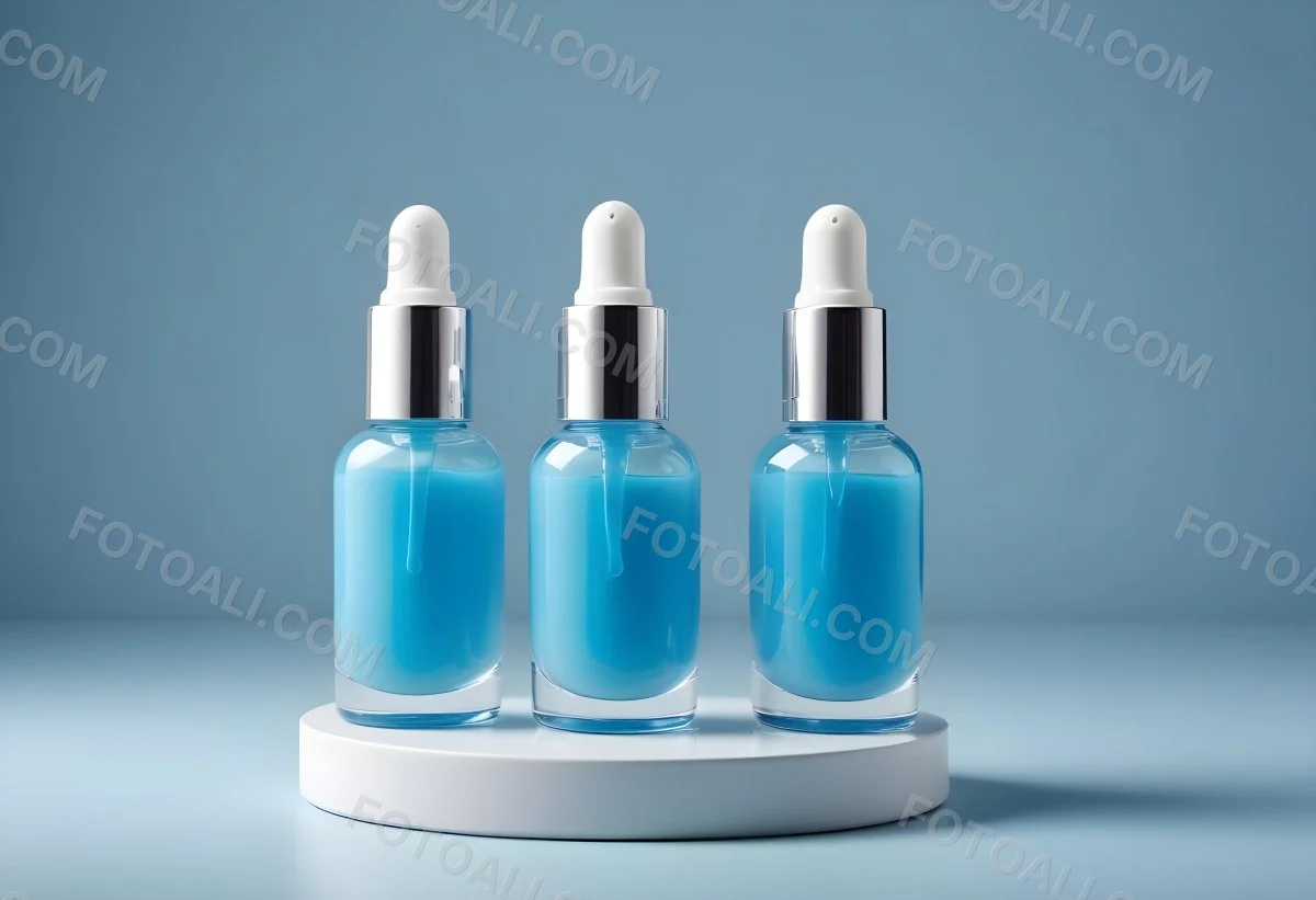 Two Cosmetic Bottles With Droppers One With A Blue Liquid And The Other Transparent On Top Of White Platforms With A Light Blue Background 43 449d