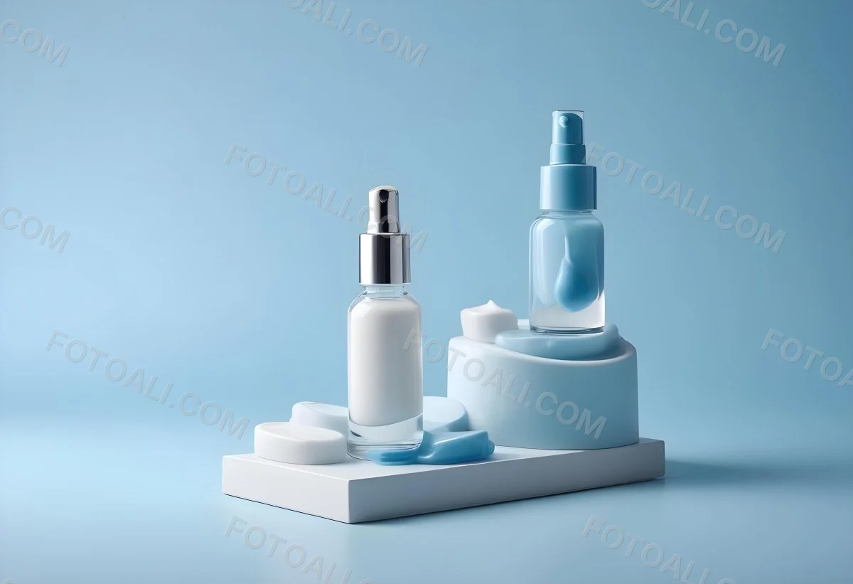 Two Cosmetic Bottles With Droppers One With A Blue Liquid And The Other Transparent On Top Of White Platforms With A Light Blue Background 45 9b74