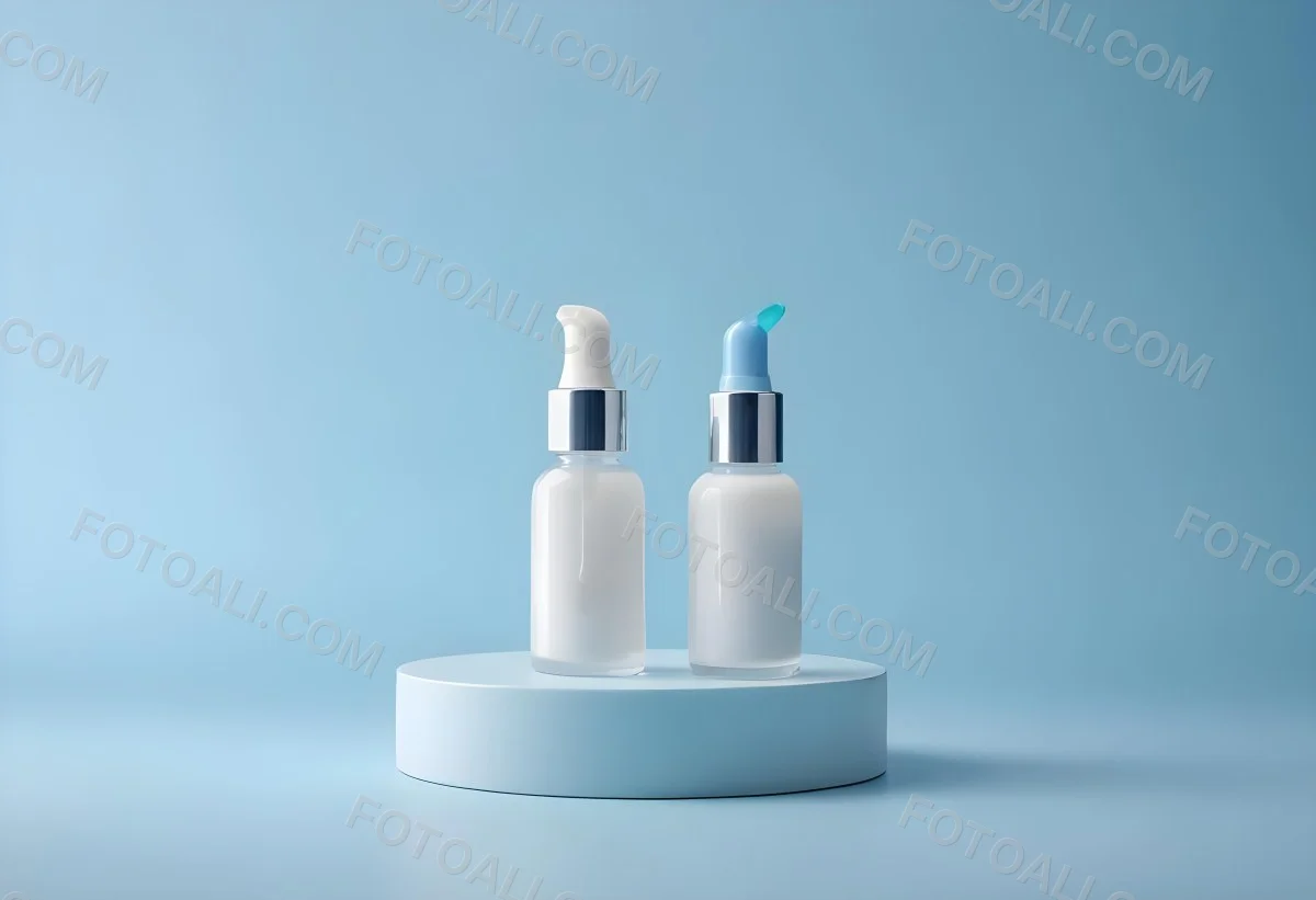 Two Cosmetic Bottles With Droppers One With A Blue Liquid And The Other Transparent On Top Of White Platforms With A Light Blue Background 46 2ad2