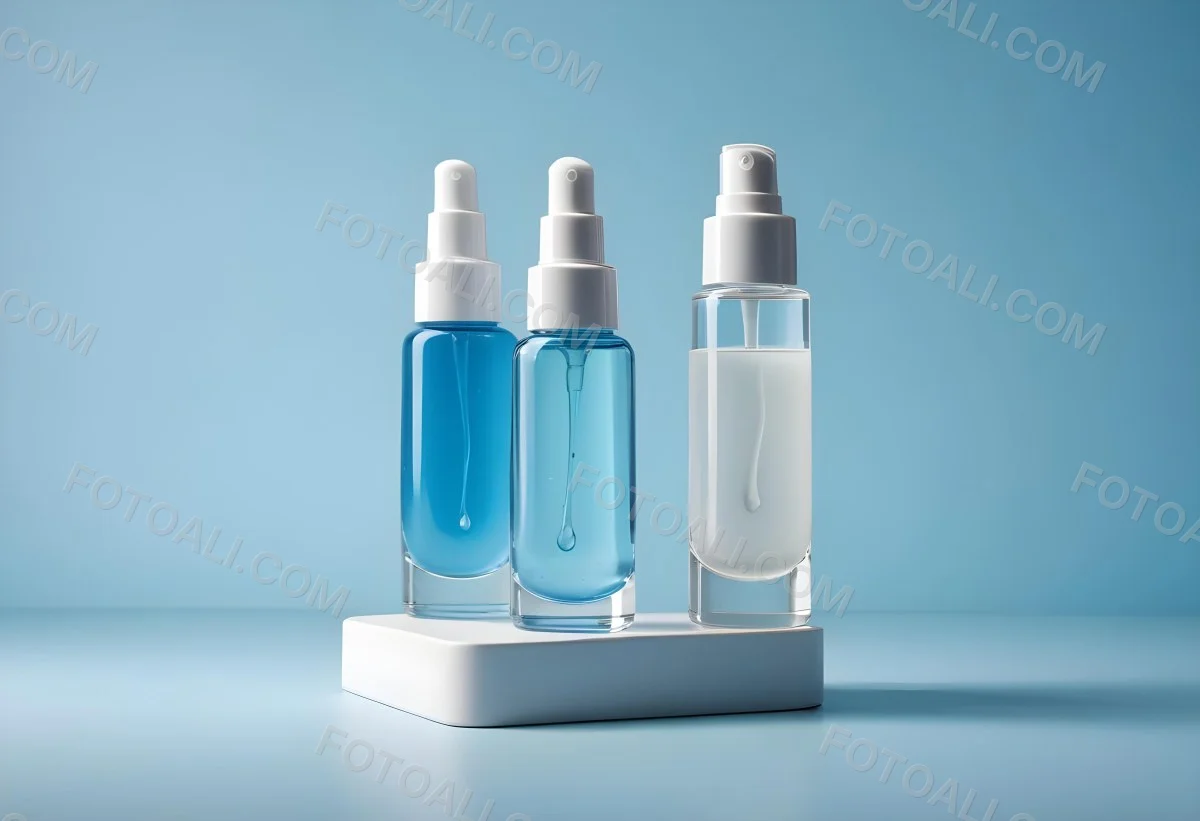 Two Cosmetic Bottles With Droppers One With A Blue Liquid And The Other Transparent On Top Of White Platforms With A Light Blue Background 47 963f