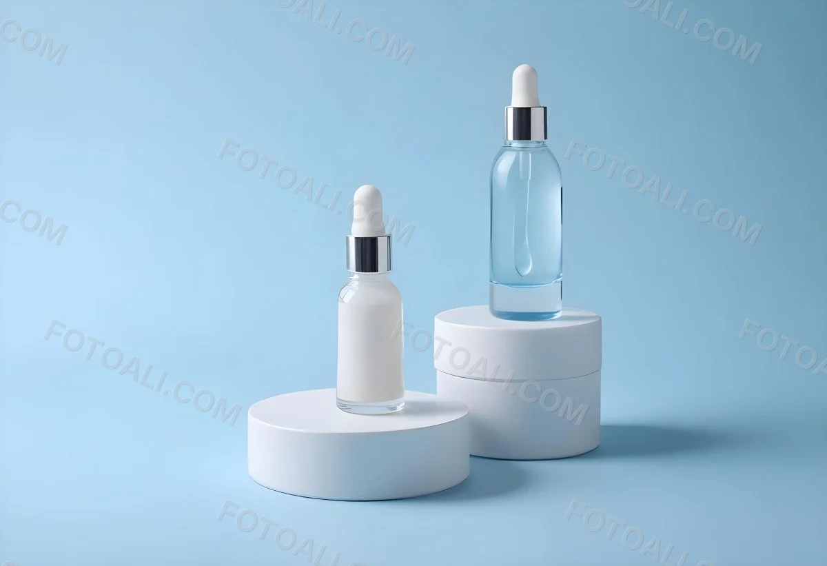 Two Cosmetic Bottles With Droppers One With A Blue Liquid And The Other Transparent On Top Of White Platforms With A Light Blue Background 48 86fc