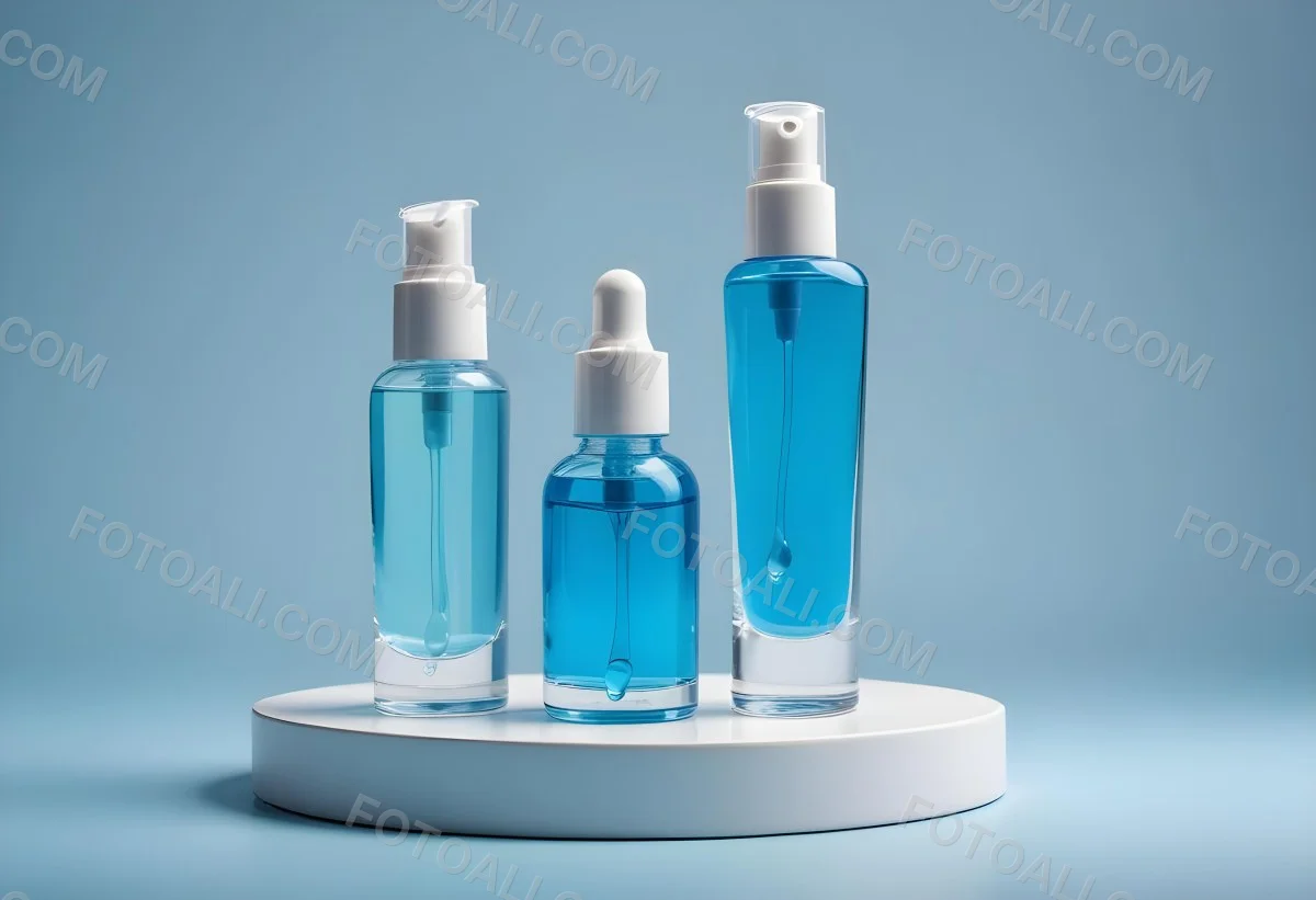 Two Cosmetic Bottles With Droppers One With A Blue Liquid And The Other Transparent On Top Of White Platforms With A Light Blue Background 49 8fc3