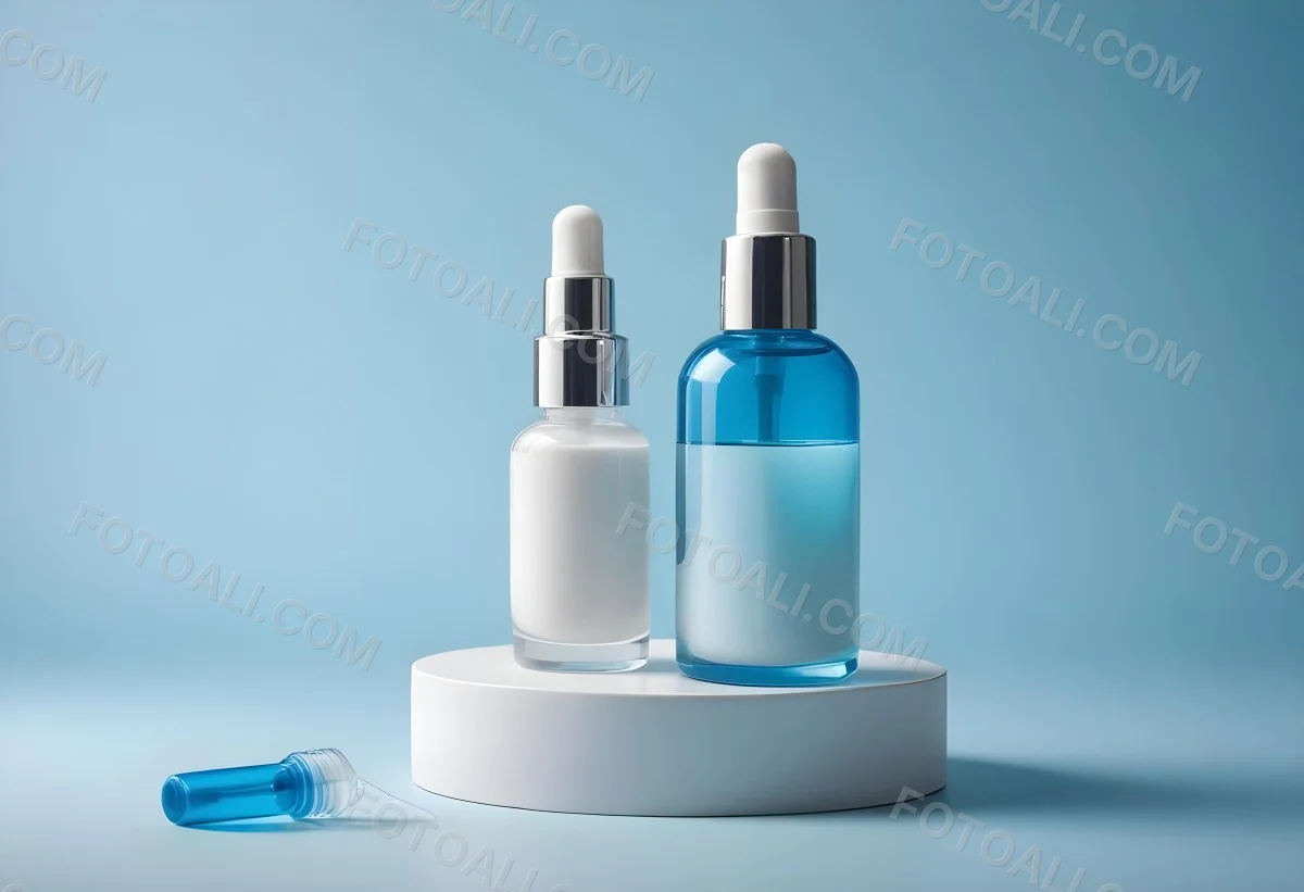 Two Cosmetic Bottles With Droppers One With A Blue Liquid And The Other Transparent On Top Of White Platforms With A Light Blue Background 6 5a9e