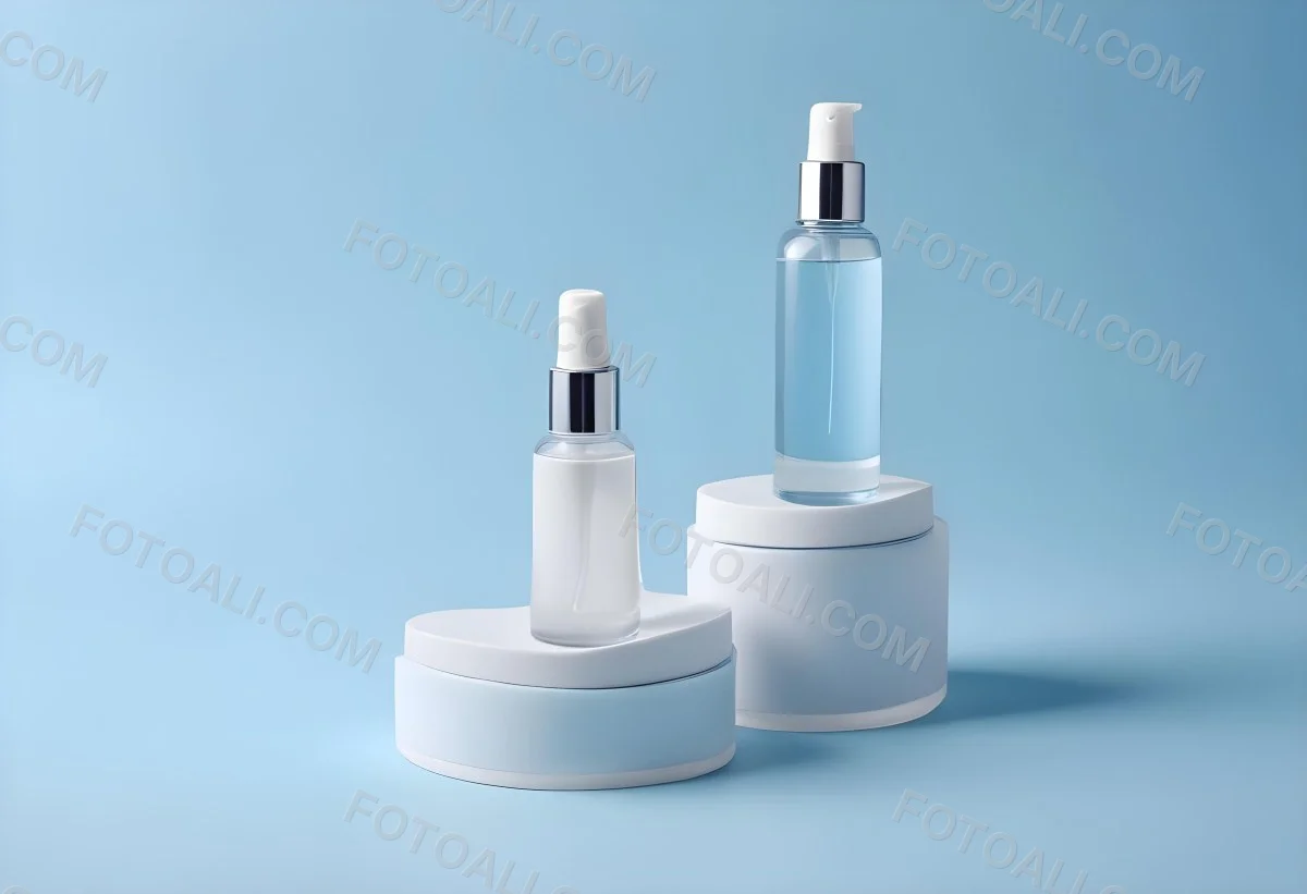 Two Cosmetic Bottles With Droppers One With A Blue Liquid And The Other Transparent On Top Of White Platforms With A Light Blue Background 7 2e7e