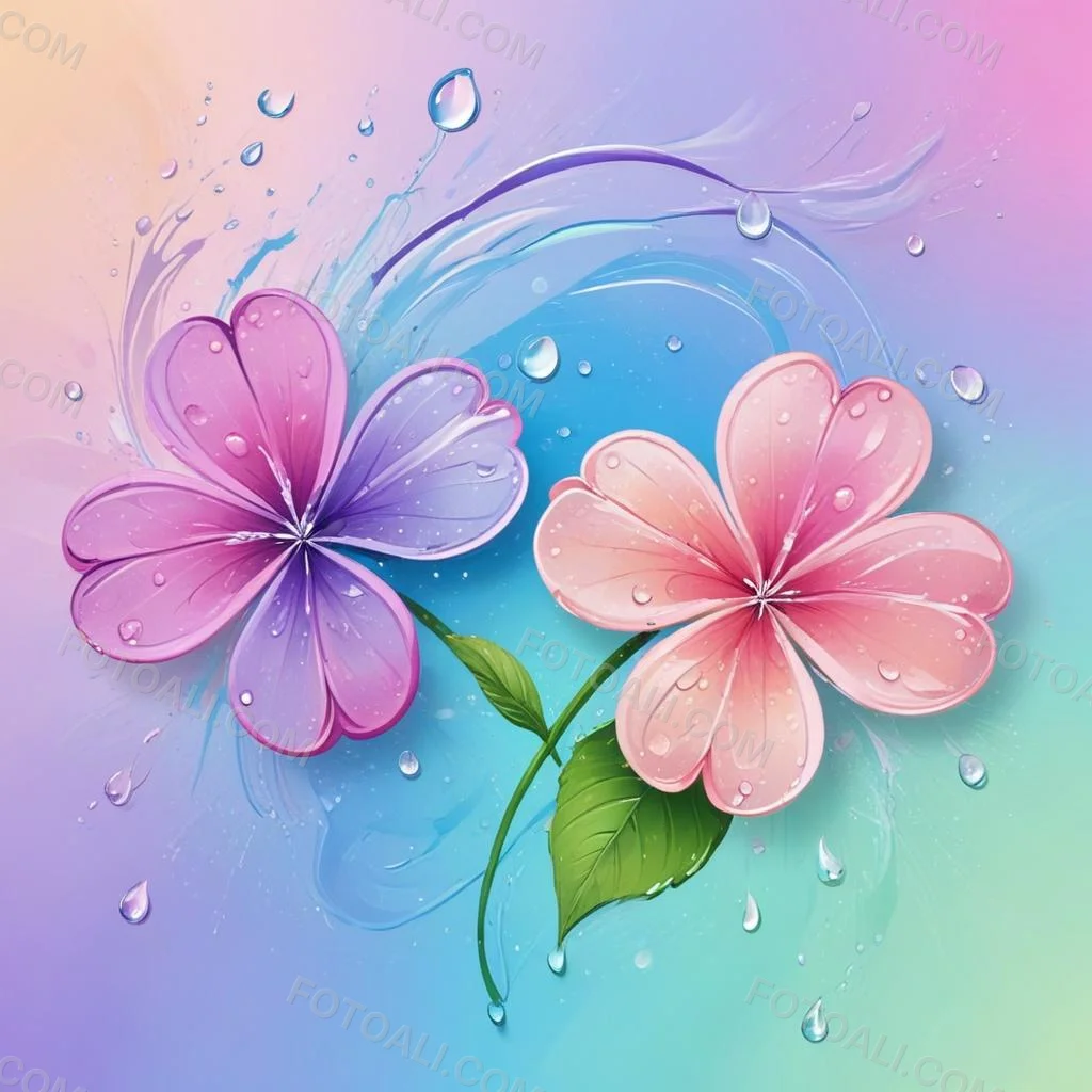 Two Flowers With Four Petals One Pink And One Purple With Water Drops In A Colorful Background 22 7921
