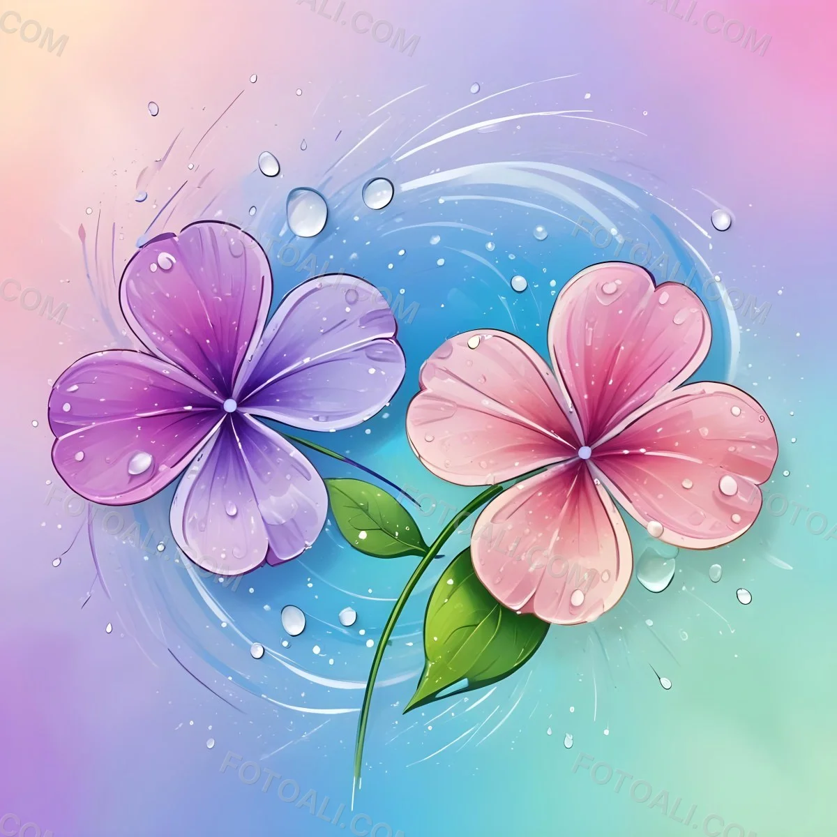 Two Flowers With Four Petals One Pink And One Purple With Water Drops In A Colorful Background 26 C824