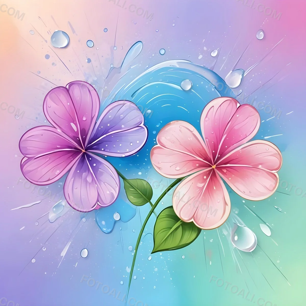 Two Flowers With Four Petals One Pink And One Purple With Water Drops In A Colorful Background 30 5098