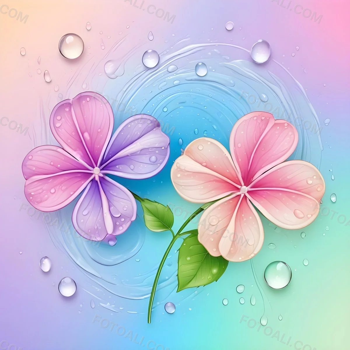 Two Flowers With Four Petals One Pink And One Purple With Water Drops In A Colorful Background 36 23d2