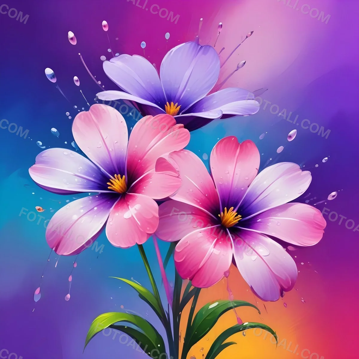 Two Flowers With Four Petals One Pink And One Purple With Water Drops In A Colorful Background 6 F743