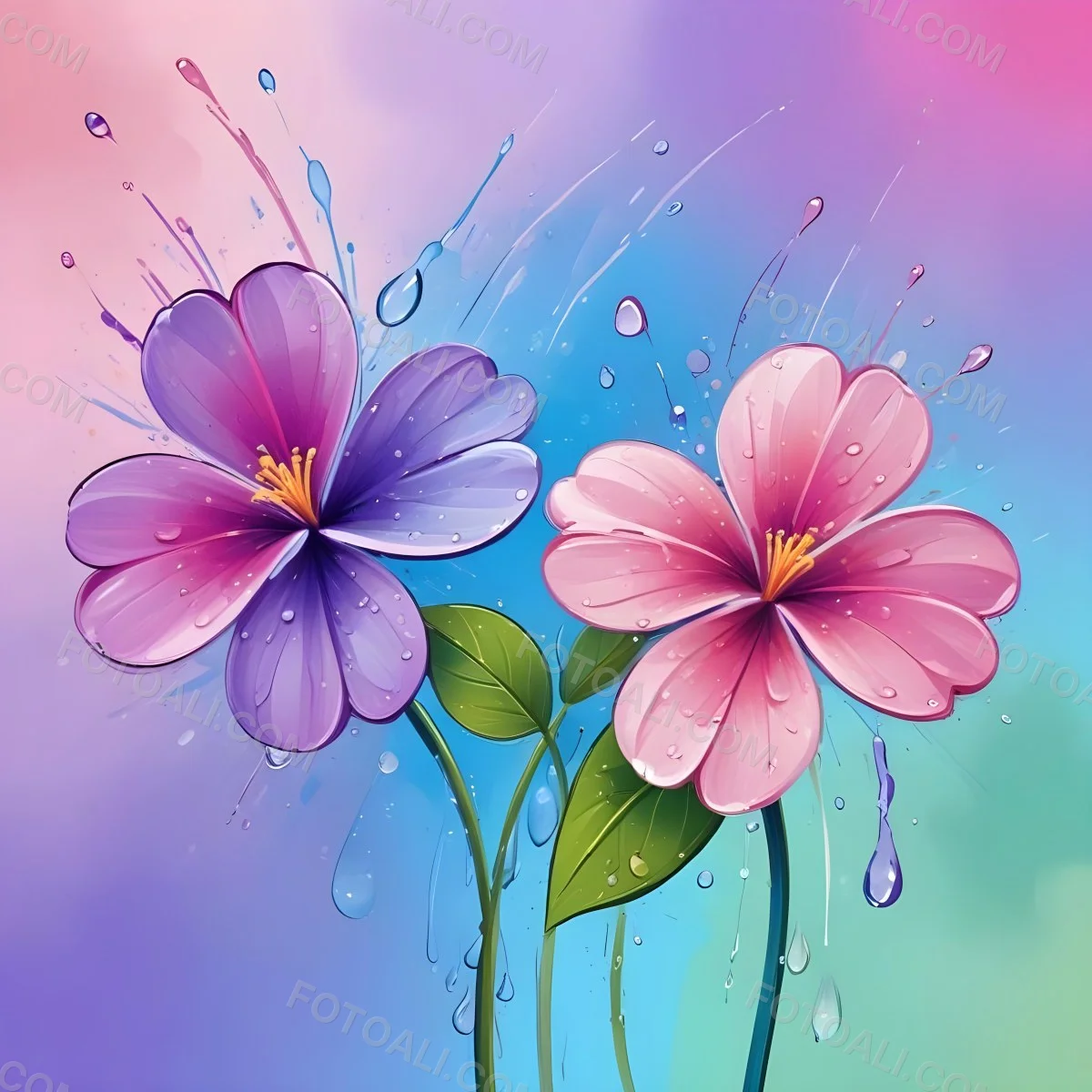 Two Flowers With Four Petals One Pink And One Purple With Water Drops In A Colorful Background 7 C99a
