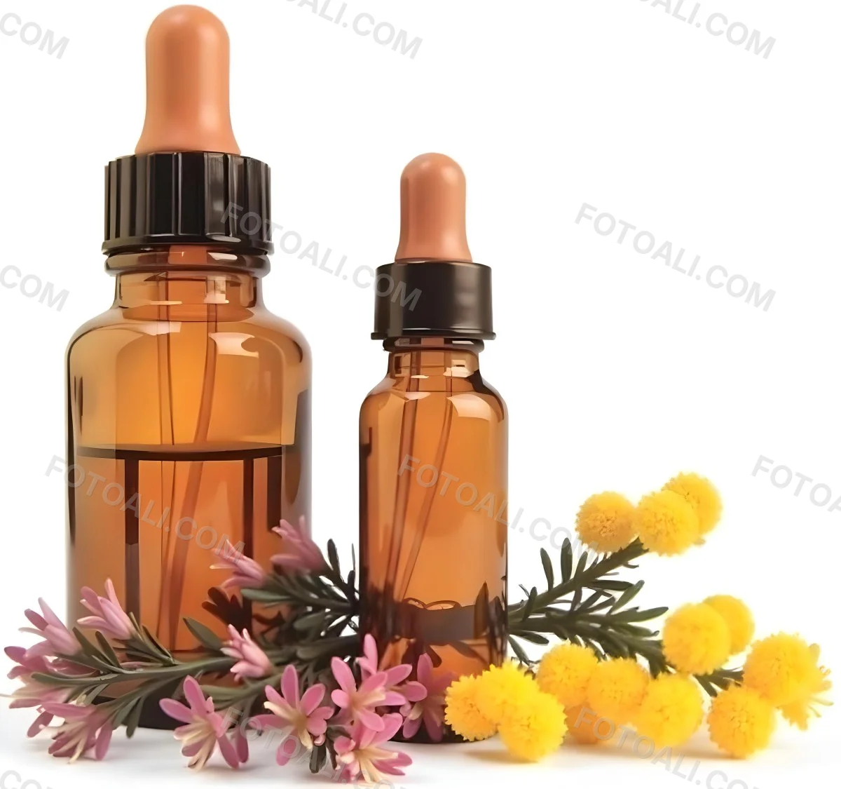 Two Glass Bottles Of Essential Oil With Flowers And Leaves In The Background Set In A Bright Sunny Day With Soft Natural Light 1 D791