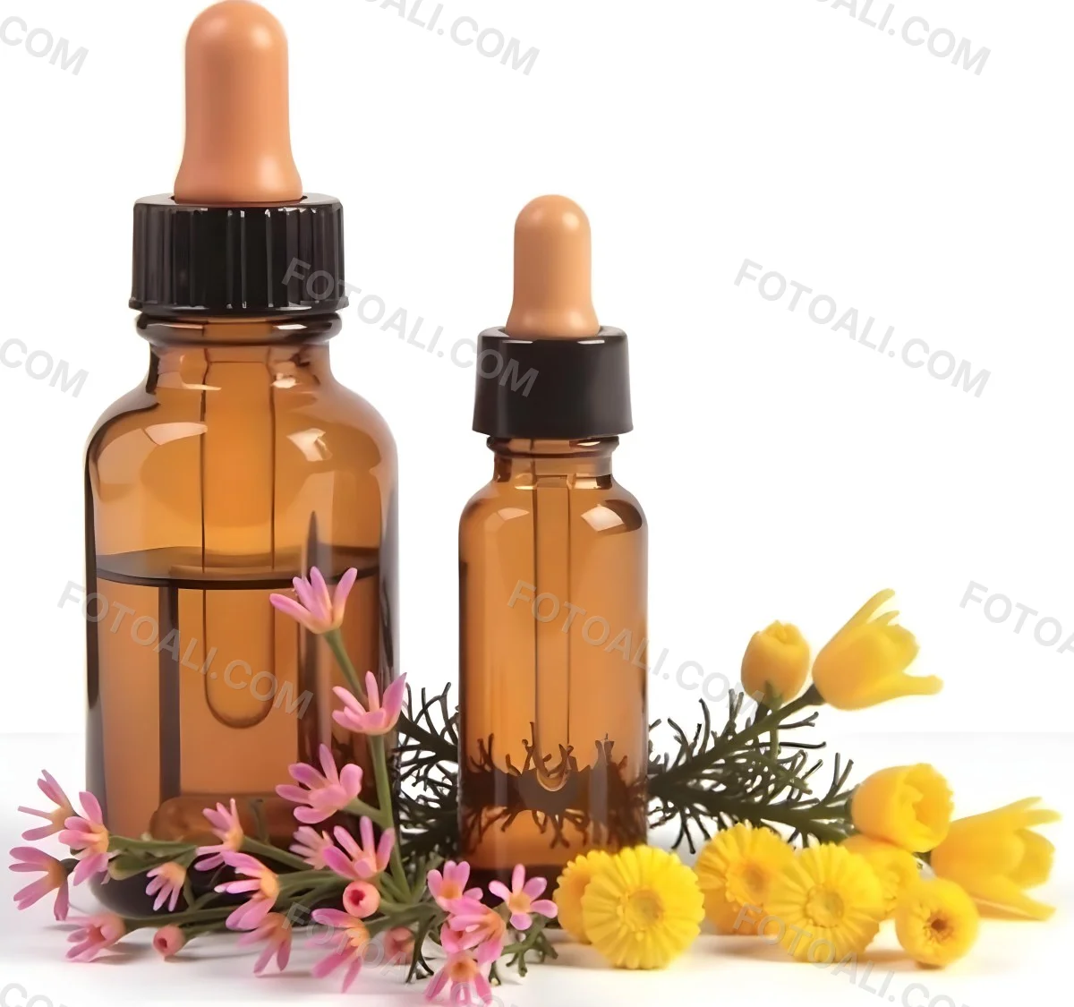 Two Glass Bottles Of Essential Oil With Flowers And Leaves In The Background Set In A Bright Sunny Day With Soft Natural Light 13 B03a
