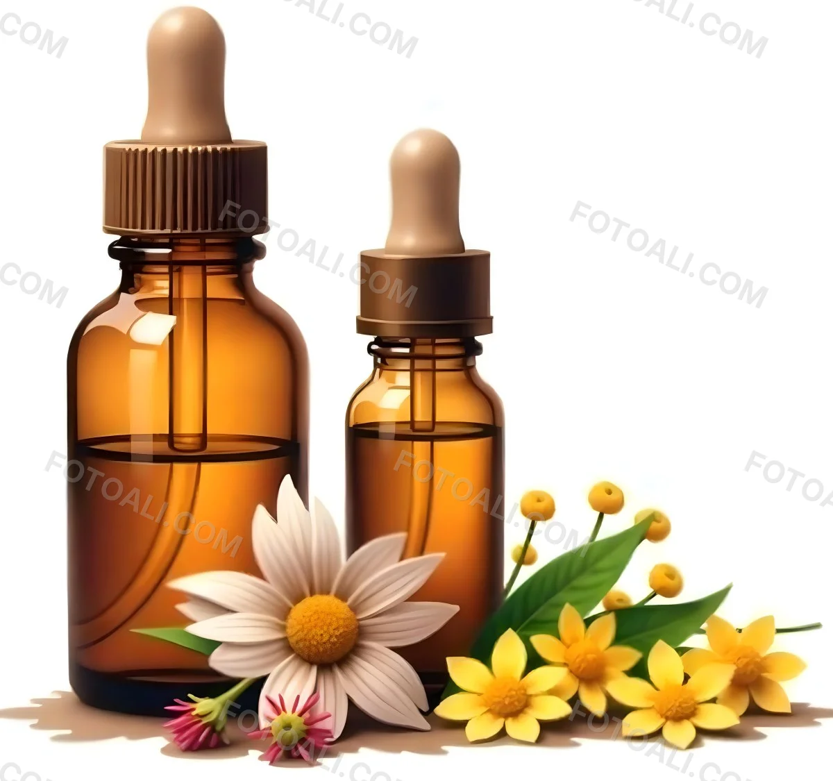 Two Glass Bottles Of Essential Oil With Flowers And Leaves In The Background Set In A Bright Sunny Day With Soft Natural Light 14 3c4d