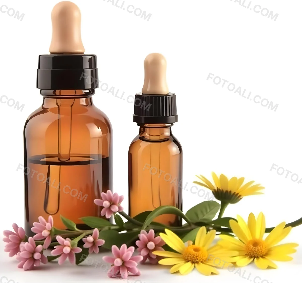 Two Glass Bottles Of Essential Oil With Flowers And Leaves In The Background Set In A Bright Sunny Day With Soft Natural Light 16 F21c