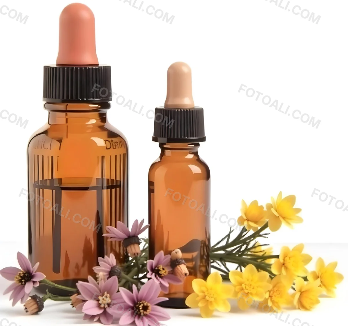 Two Glass Bottles Of Essential Oil With Flowers And Leaves In The Background Set In A Bright Sunny Day With Soft Natural Light 25 8e7f