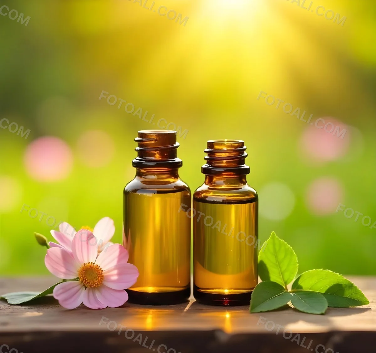 Two Glass Bottles Of Essential Oil With Flowers And Leaves In The Background Set In A Bright Sunny Day With Soft Natural Light 33 3183
