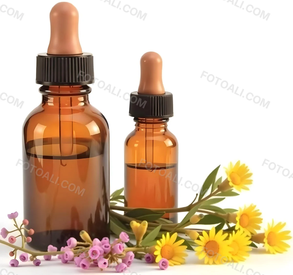 Two Glass Bottles Of Essential Oil With Flowers And Leaves In The Background Set In A Bright Sunny Day With Soft Natural Light 36 309b