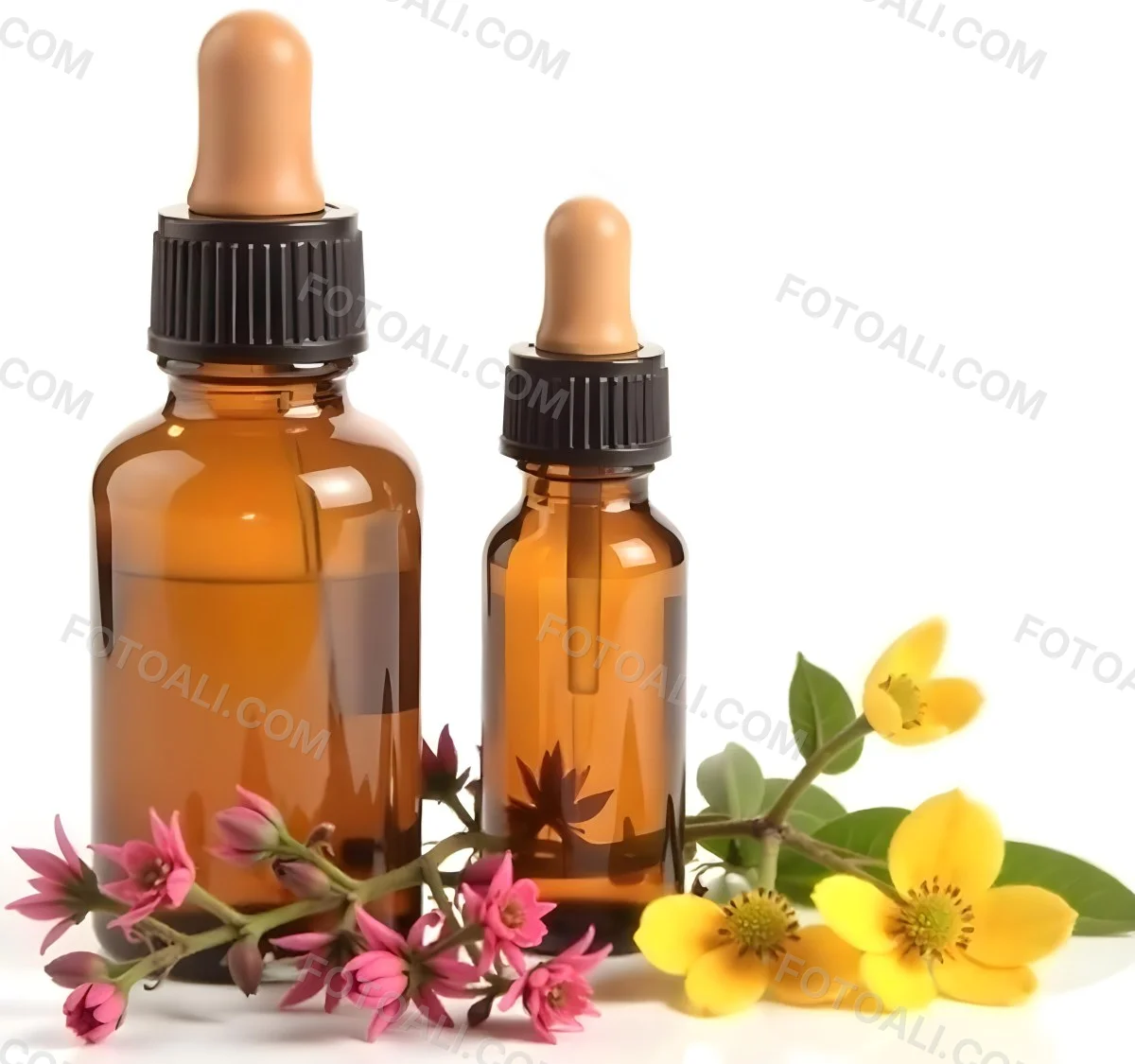 Two Glass Bottles Of Essential Oil With Flowers And Leaves In The Background Set In A Bright Sunny Day With Soft Natural Light 37 11fc