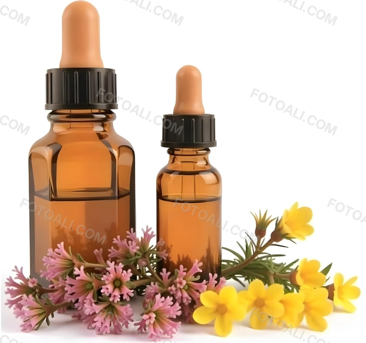 Two Glass Bottles Of Essential Oil With Flowers And Leaves In The Background Set In A Bright Sunny Day With Soft Natural Light 38 Fe86
